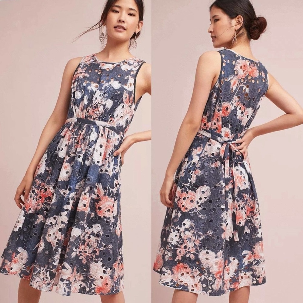 Hemant & Nandita Anthropologie Lazuli Watercolor Floral Eyelet Midi Dress